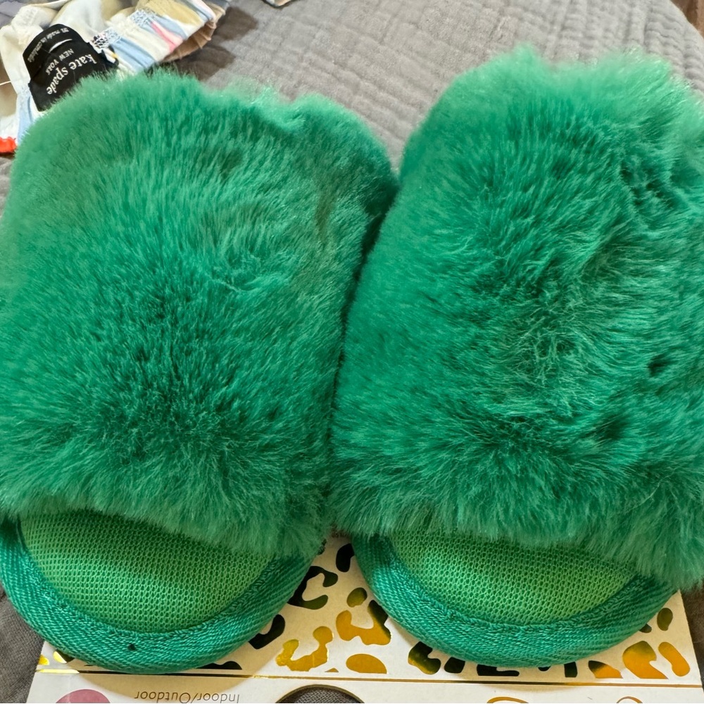 NWT Plush Green Slippers 6/7
